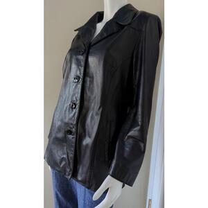 Wilsons Leather Black Tailored Button Up Leather Jacket Women Size L Lining flaw